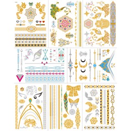 Aresvns Flash Temporary Tattoos for Women and Kids 120+,Waterproof Shiny Jewelry Tattoos,Gold Tattoo Metallic Tropical Hawaiian Fake Tattoo Stickers