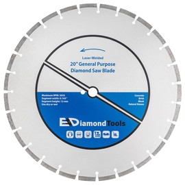 20" Laser Welded Diamond Saw Blade for Concrete, Brick, Block and Masonry, Heat Treated Blade Core, Dry or Wet, 1" Arbor