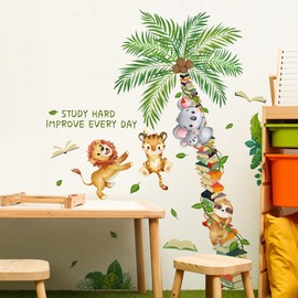 Book Tree Wall Sticker, Cute Sloth Elephant Lion Climbing on The Tree Wall Decal, Removable DIY Vinyl Mural Art Wallpaper Décor for Reading Room Kids Bedroom Nursery Classroom