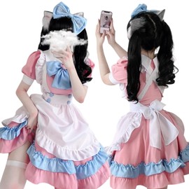 Formemory Maid Costume, Cosplay, Cute Lolita Costume, Ribbon, Princess Dress, Gothic Lolita Dress, Large Size, Pink, Women's Maid Outfit, Cute Bowknot Ribbon, Cat Claw Pattern, Gothic Style, Dress