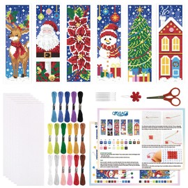 ORIGACH Set of 6 Bookmarks Cross Stitch Kits, Christmas Beginners Cross Stitch Set with Instructions Pre-Printed Bookmark Cross Stitch Set for Adults, 20.4 x 7.2 cm