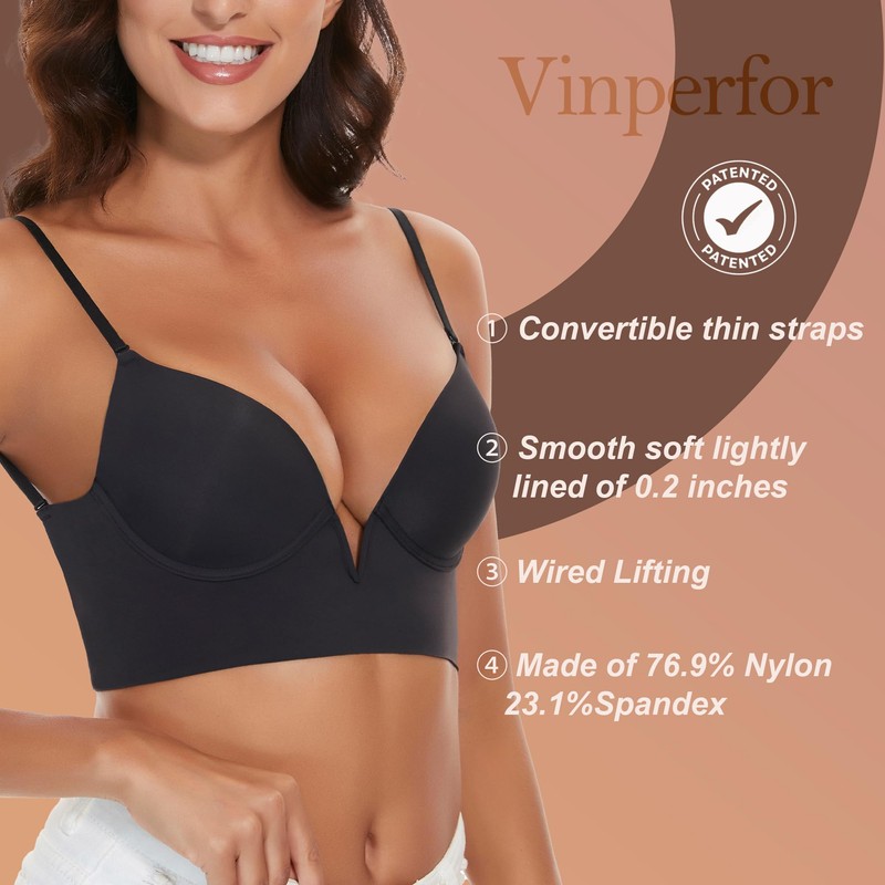 Vinperfor Women Low Back Bra Invisible Backless Bras Lightly-Lined Deep-V