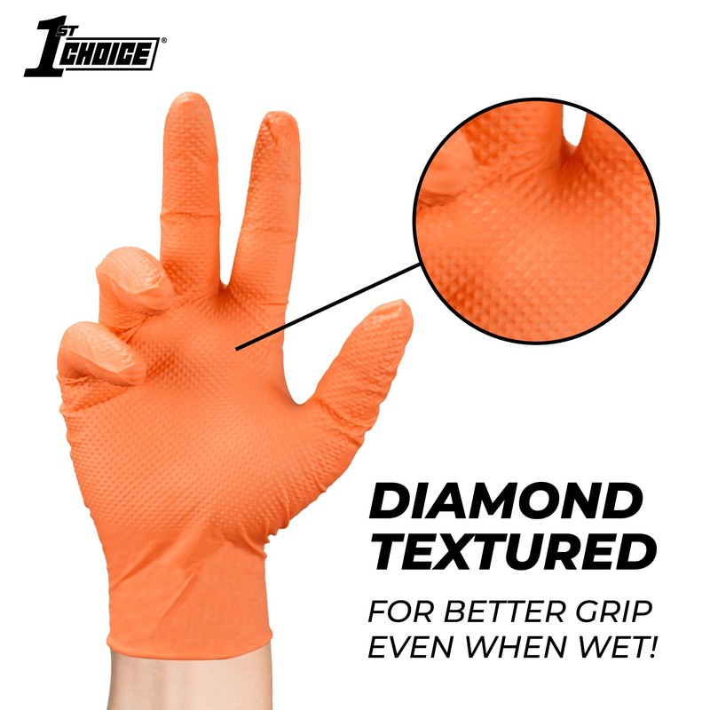1st Choice 6 mil Orange Gloves, Disposable, Latex Free, Raised