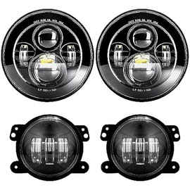 LX-LIGHT DOT Approved 7'' Black LED Headlights + 4 '' LED Fog Lights Compatible with Jeep Wrangler 97-2017 JK TJ LJ