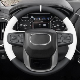 MEWANT DIY Stitched White Leather Steering Wheel Wrap Cover for GMC Sierra 1500 2019-2023 / Sierra 1500 Limited 2022 / Sierra 2500 2020-2024 / Sierra 3500 2020-2024 / Yukon (XL) 2021-2023 Accessories