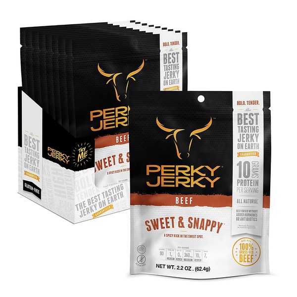 Perky Jerky Sweet and Snappy 100% Grass Fed Beef Jerky, 2.2oz (Pack of 12) - Antibiotic Free - 10g Protein Per Serving - Low Fat - Tender Texture