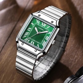 Classic Square Watches for Men with Roman Numerals Casual Watch (Silver-Green)
