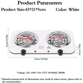 Compact and Portable Countertop Burner- Countertop Double Coiled Burner 2000 Watts Electric Hot Plate Temperature Controls White