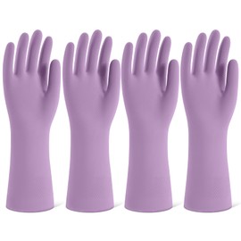 SIFANGKE Rubber Cleaning Gloves for Dishwashing, 4 Pairs Reusable Kitchen Gloves for Washing Dishes and Household Cleaning, Purple Dish Gloves with Flocked Lining and Non-Slip Grip, Pefect for Woman Men - M