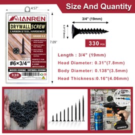 IANREN Drywall Screws 330 pcs #6 x 3/4 Inch Drywall Screws Self-Tapping Screws Black Flat Head Phillips Drywall Screws Fine Thread Bugle Head Black Phosphate Coated (Carbon Steel, 6x3/4 330 pcs)