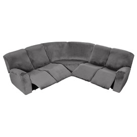 MIFXIN Sectional Recliner Sofa Covers 7-Piece Velvet Stretch 5 Seat Corner Reclining Sofa L-Shaped Sectional Couch Slipcovers Furniture Protector Thick Soft Washable (Grey)
