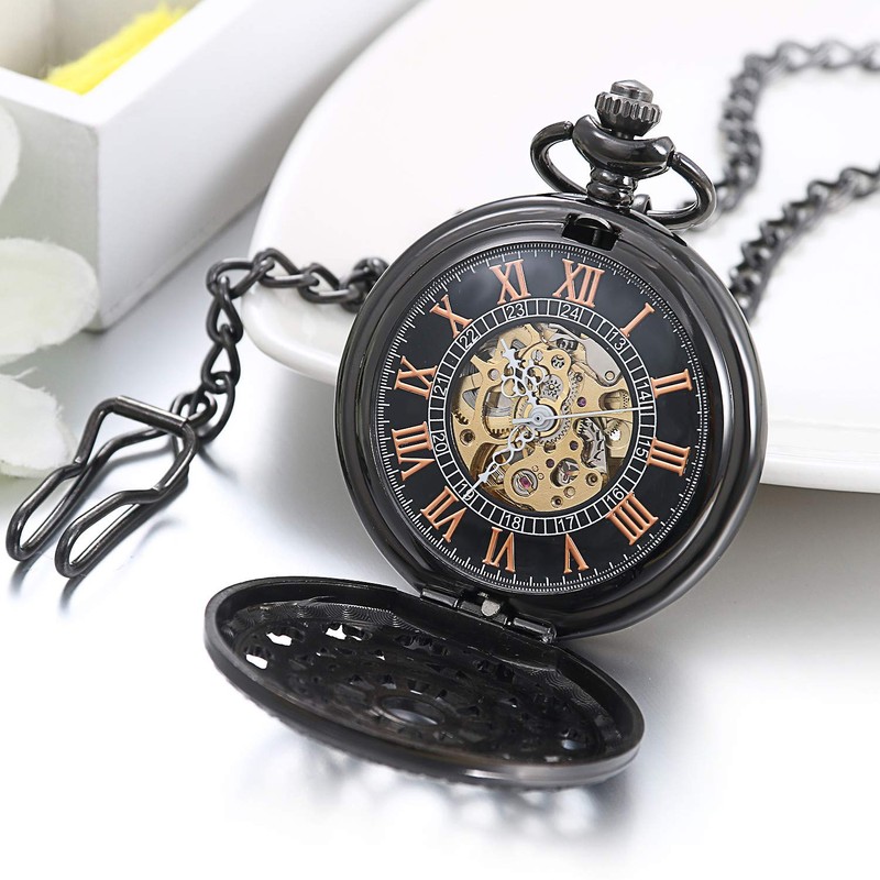 JewelryWe Mens Hollow Pocket Watch Mechanical Movement Classic Retro Roman