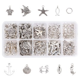 PH PandaHall - 180 dijes de concha de pescado, 9 estilos de océano con 50 anillos de salto de estrellas de mar, colgante de estrella de mar, colgante de ancla de animales marinos, para collar de