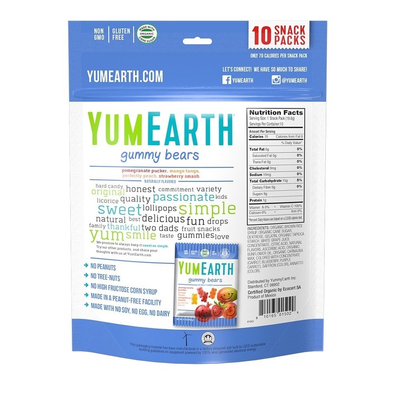 YumEarth Organic Fruit Flavored Gummy Bears, 10- .7oz. Snack Packs,