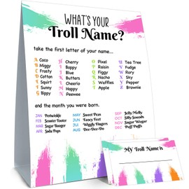 BirtDerr What's your Troll Name,1 Game Sign and 30 Name Stickers,Troll Theme Birthday Party Sign for Boys Girls,Kids Troll Activity Cards,Troll Activity Decoration Supplies,Holiday Activity