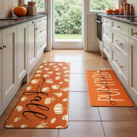 VivaNest Fall Autumn Pumpkin Orange Kitchen Rug Sets [2 PCs], Anti-Fatigue, Waterproof Non-Slip Kitchen Mats Heavy Duty Comfort Foam Rug for Kitchen, Floor, Laundry,17"x29"+17"x47"