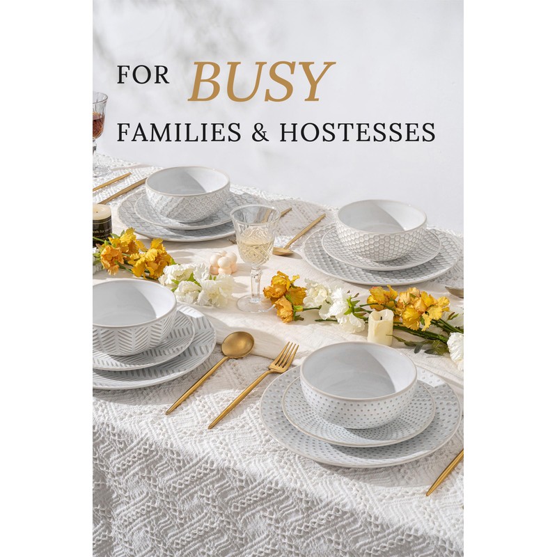 FOBENTA 12 Piece Embossed Dinnerware Sets for 4, Elegant Plates