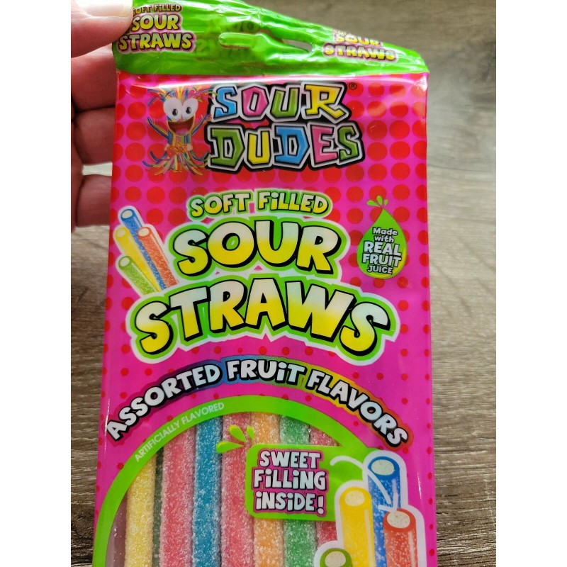 World Confections Sour Dudes Candy, Soft Filled Sour Straws.1ea 4.5oz