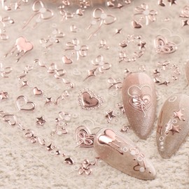 JMEOWIO 3D Embossed Valentines Bow Heart Rose Gold Nail Art Stickers Decals Self-Adhesive 5D Nail Supplies Nail Art Design Decoration Accessories 1 Sheets
