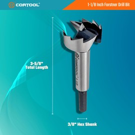 CORTOOL 1-1/8 Inch Forstner Drill Bit Hex Shank, Wood Drill Bit with Multi Sided Shank, Wood Drilling Forstner Bit (1 1/8 Forstner Bit)