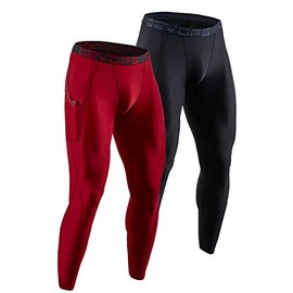 DEVOPS 2 Pack Men's Compression Pants Athletic Leggings with Pocket (Medium, Black/Red)