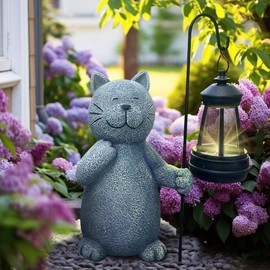 WISSLERMER Solar Garden Cat Figurine with Lantern, Loving Cat Statue for Patio, Balcony, Yard, Lawn, Unique Housewarming Birthday Gifts for Mom Women Grandma(CAT-Left)