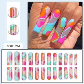 RTKHFZE Press on Nails,Press on Nails Long Square,Extra Long Fake Nails,Long Nails,Long Nails Press Ons,Square Acrylic Nails,for Women and Girls 24Pcs(Color Swirl Design,French Tip)