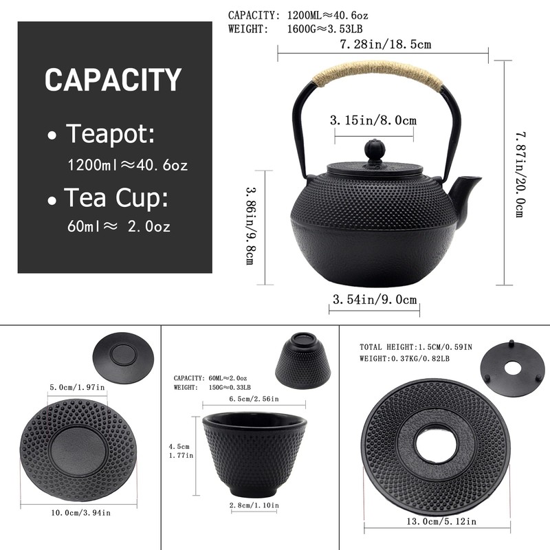 YJX 40.6 fl oz Cast Iron Teapot Set, Japanese Tetsubin