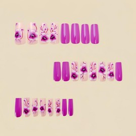 24pcs Purple Press on Nails Long Square Fake Nails Glossy Full Cover Acrylic Nails Artificial Nails with Floral designs Stick on Nails Spring Summer Glue on Nails for Women Girls Nail Decorations