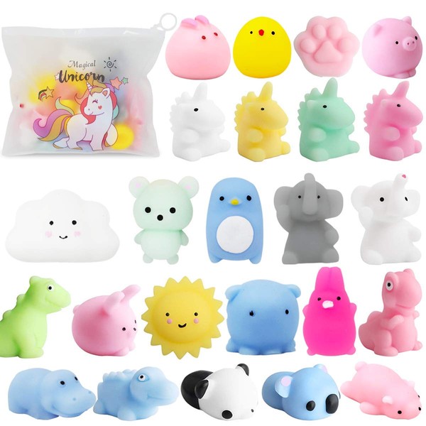 POKONBOY 25pcs Mochi Squishy Toys, Mini Kawaii Squishies Animals with Storage Bag Party Favor for Kids Stress Relief Toys Classroom Prizes Easter Basket Stuffers for Boys and Girls Age 3+