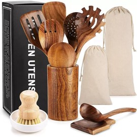 Eco-Friendly Wooden Kitchen Utensil Set – 11-Piece Olive, Teak & Acacia Wood Cooking Tools with Holder & Canvas Bag – Includes Slotted Spoon, Ladle, Spaghetti Server, Flat & Slotted Spatulas, Spoon