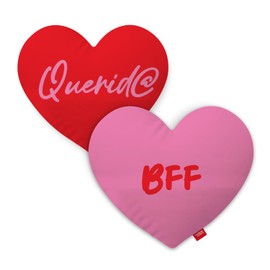 Toothsome Studios Querid@, BFF 2-Pack 15" x 15" Polyester Heart Shaped Pillow Cover (Insert/Filling Not Included), Candy Corazón Theme Plush Throw Valentine's Day Home Decor (2, Querido/BFFPillow)