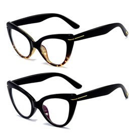 MMOWW Pack of 2 Women's Cat Eye Glasses with Blue Light Blocker in Trendy Colour, Stylish Large Comfortable Glasses (Black + Turtle)