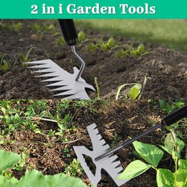 2-in-1 Weed Puller Rake Hand Weeder Garden Tools,New 11 Teeth Uprooting Weeding Tool with Adjustable Long Handle,Manganese Steel Weed Remover Tool for Garden,Lawn Weeding and Loosening Soil（Black）