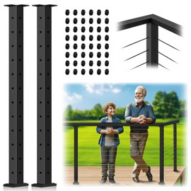 Gyykzz 2 Pack Cable Railing Corner Post 42", 90° L-Drilled Matte Black Corner Post for Deck Railing Kit System, Stainless Steel T304 Flat Top Cable Handrail Corner Post for Indoor Outdoor Deck Balcony