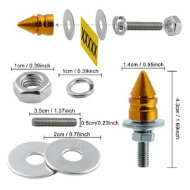 Bashineng Spike License Plate Screw Frame Fasteners Decoration Stainless Steels Aluminum Alloy Universal Fit Most Cars Truck Motorcycle License Plate Bolts Kit 4 Pcs (Gold)