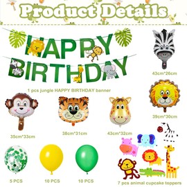 38pcs Jungle Birthday Party Decoration,Safari Wild Theme with Happy Birthday Banner,Animal Balloons,Jungle Cupcake Toppers,Forest Theme Birthday Festival Party Decoration