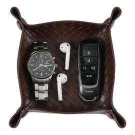 KINIVA 2 Pack PU Leather Jewelry Valet Tray for Men Women,Small Key Bowl for Entryway Table,Portable Travel Catchall Dice Tray (Square-Coffee-2pcs)