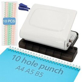 10-Hole Binding Machine for Planner (White) - Manual Punch with 10 Multi-Color Binding Spines - Punches 26 Holes on B5, 30 Holes on A4, 20 Holes on A5 Paper