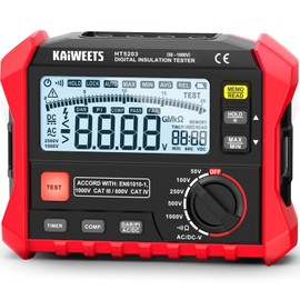 KAIWEETS HT5203 Megohmmeter, Insulation Resistance Tester, Up to 100GΩ, 50V/100V/250V/500V/1000V, One-Touch DAR/PI, with AC/DC Voltage Testing for Motors, Solar, HVAC