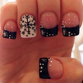 24 Pcs Snowflake Press on Nails Short Christmas Fake Nails Black French Tip False Nails with Design Winter Acrylic Nails Press ons Xmas Glue on Nails Holiday Stick on Nails for Women Girls