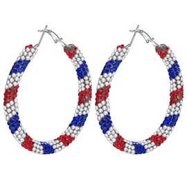 Flongo American Flag Hoop Earrings Glitter Rhinestone French Flag Colour Stainless Steel Diamonds Huggie Hoop Earrings Large Patriotic Earrings Accessories for Women Blue White Red, Stainless Steel