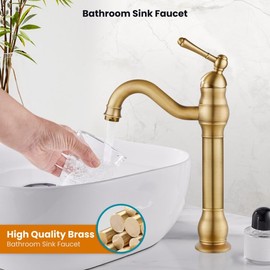 gotonovo Vessel Sink Faucet 360° Swivel Spout Single Handle Tall Bathroom Faucet 1 Hole Farmhouse Lavatory Washbasin Mixer Tap Matching Supply Hoses, with Pop Up Drain, Antique Brass