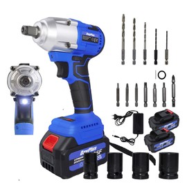 21V Brushless Cordless Impact Wrench, 1/2 Inch Power Impact Wrench, 420Nm Torque, 3200RPM Variable Speed, 4 Impact Sockets, 2x 6.0Ah Li-ion Battery, Fast Charger, 12 Drill Bits, Electric Impact Driver