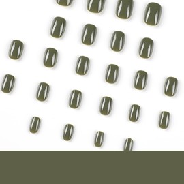 RIICFDD Square Press on Nails Short Fake Nails Nude Acrylic False Nails Extra Short Olive Green Artificial Nails Glossy Solid Color Full Cover Glue on Nails Stick on Nails for Women Girls 24 Pcs