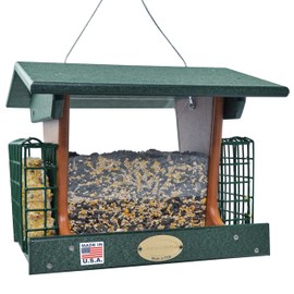 DutchCrafters Poly Hopper Bird Feeder with Suet Holder, Large Suet Feeder for Birds, Large Bird Feeders for Outdoors Hanging - Amish American Made (Turf Green & Cedar)