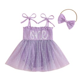 LYSINK Baby Girl 1st Birthday Outfit Sleeveless One Letters Tie-Up Tulle Romper Dress with Bow Hairband Infant Summer Clothes (Bi Purple, 12-18 Months)