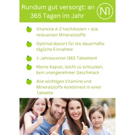 N1 Multivitamin Tablets High Dose - All Vitamins + Minerals - 365 Tablets 1 Year Supply - Dietary Supplement - Vitamin Tablets / Supplements - Vegetarian, Lactose-Free & Gluten Free