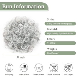 PORSMEER Hairpiece Bun Hair Bun with Elastic Drawstring Short Curls Wave Ponytail Hairpiece Synthetic Hair Like Real Hair Updo Hair Extension Braid for Women Daily Silver Grey