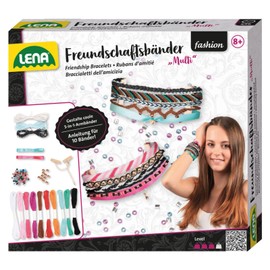 Lena 42116 Craft Set Multi Friendship Bands, Complete Set with 2 Ribbons Made of Satin, Yarn in 8 Colours, 3 Cords and 2 Clasps, Latch Hook Set for Children from 8 Years, Braided Set for 2 Bracelets 5-in-1